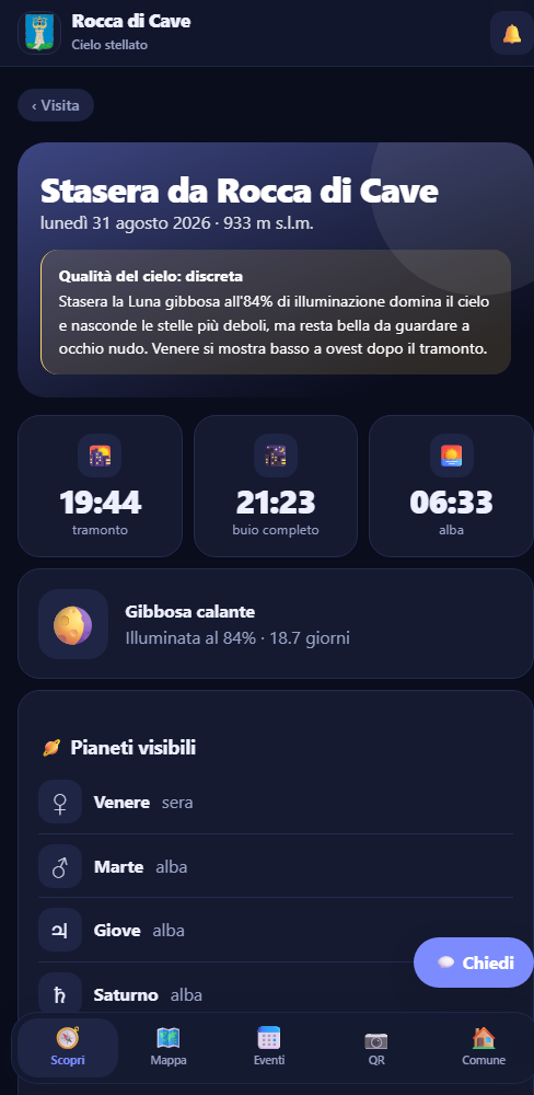 La pagina Cielo stellato dell'app, con il racconto scritto dall'AI