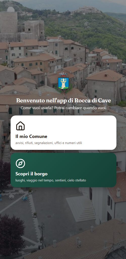La schermata di benvenuto sulla foto del borgo: Il mio Comune oppure Scopri il borgo