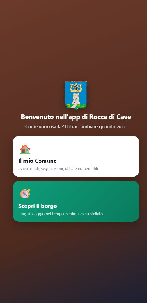 La schermata di benvenuto: Il mio Comune oppure Scopri il borgo