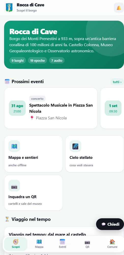 La schermata Scopri il borgo dell'app di Rocca di Cave